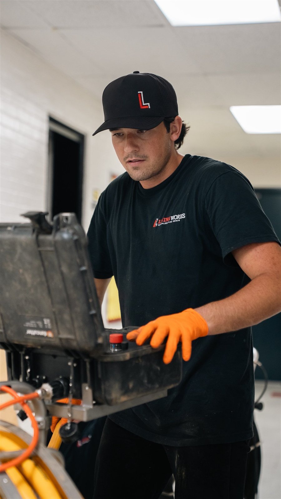LiningWorks technician operating sewer camera inspection controls during a sewer line inspection