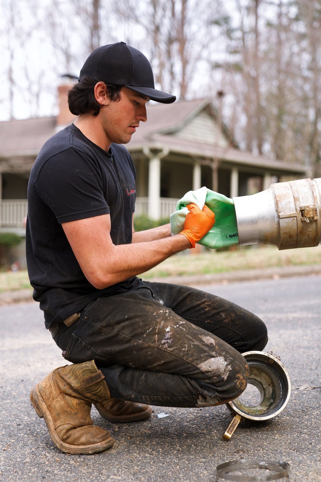 LiningWorks technician installing a CIPP liner during a trenchless sewer repair.