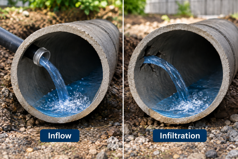 LiningWorks Trenchless Pipe Repair & Sewer Pipe Lining illustrating inflow from a clean pipe connection versus infiltration