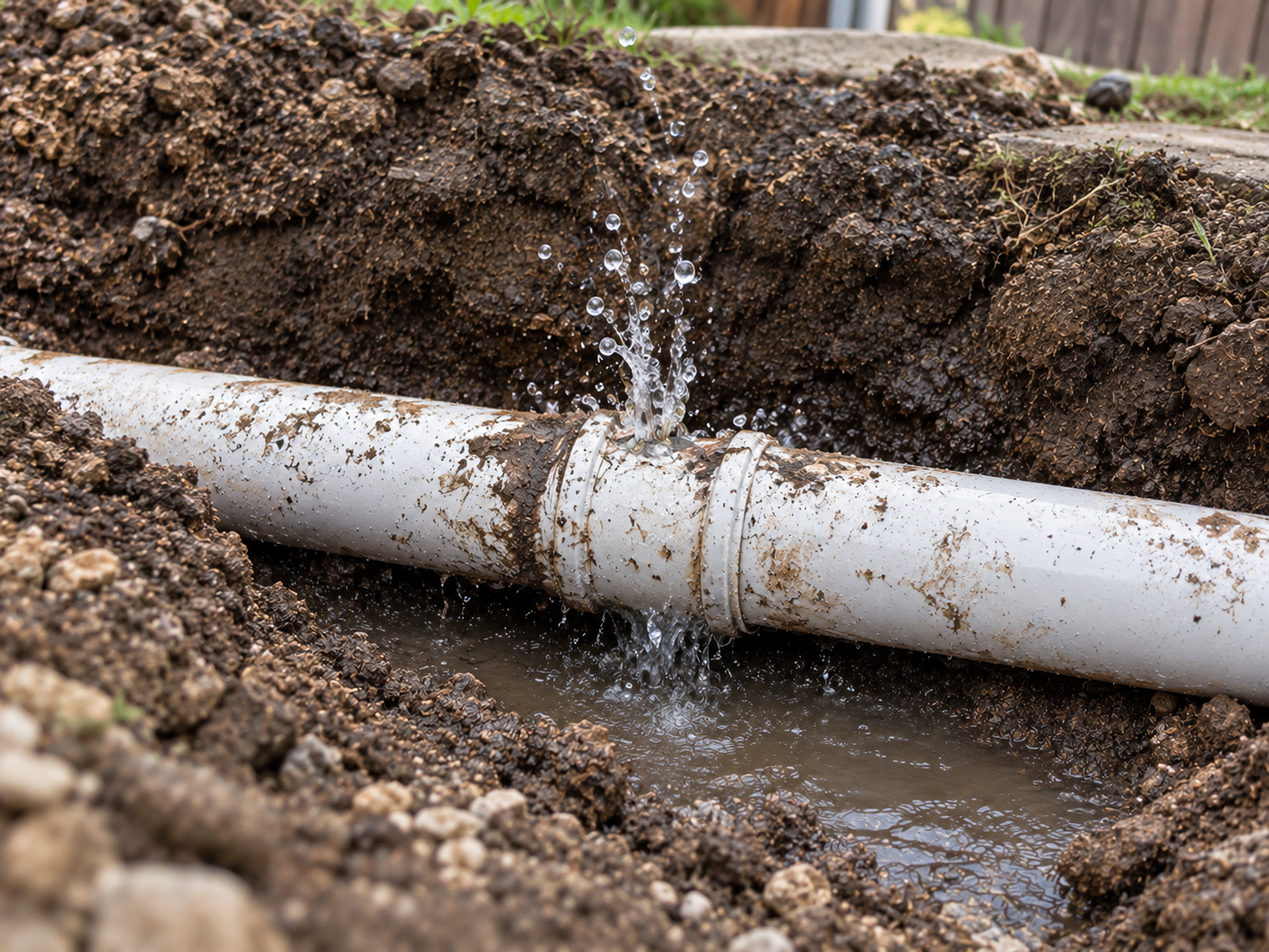 LiningWorks inspecting a pipe joint failure with an active leak in an excavated trench.