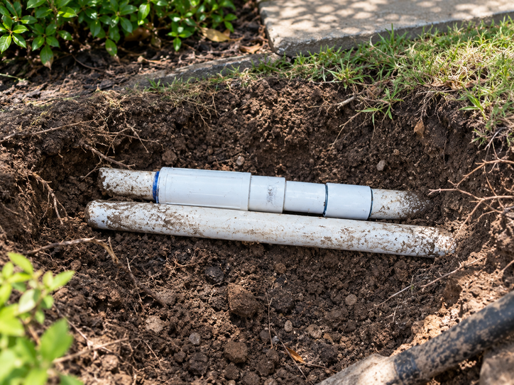 New PVC pipe segments staged in an excavation for an HOA shared infrastructure repair program.