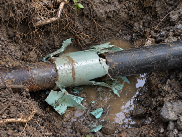 Fragments of the shattered old sewer pipe left in the trench after the burst head pulled new HDPE through.
