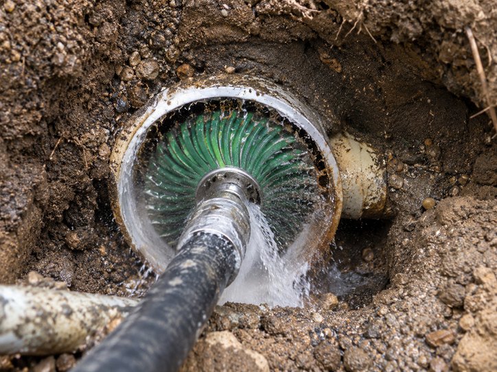 Rotating cutter head running inside a sewer pipe from an open access pit.