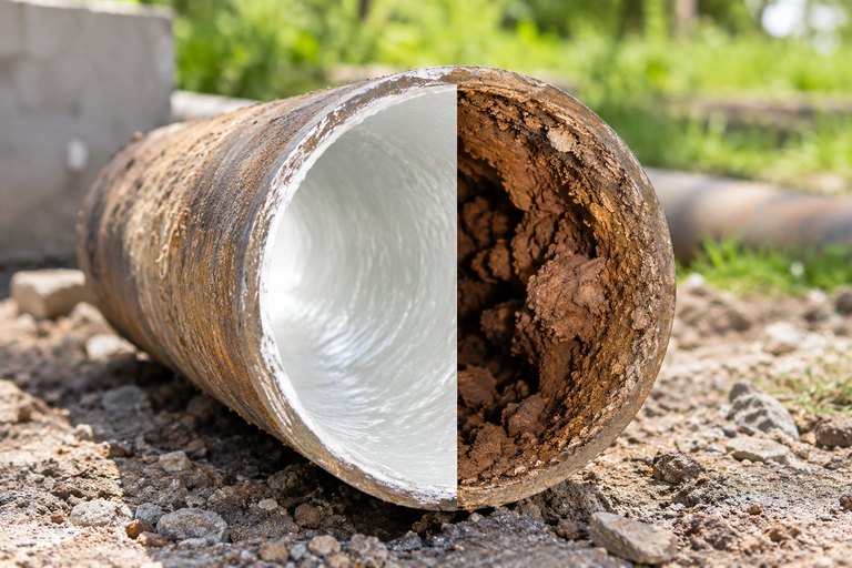 Before and after: a heavily scaled cast iron pipe beside the same line cleaned and lined, restored to full diameter.