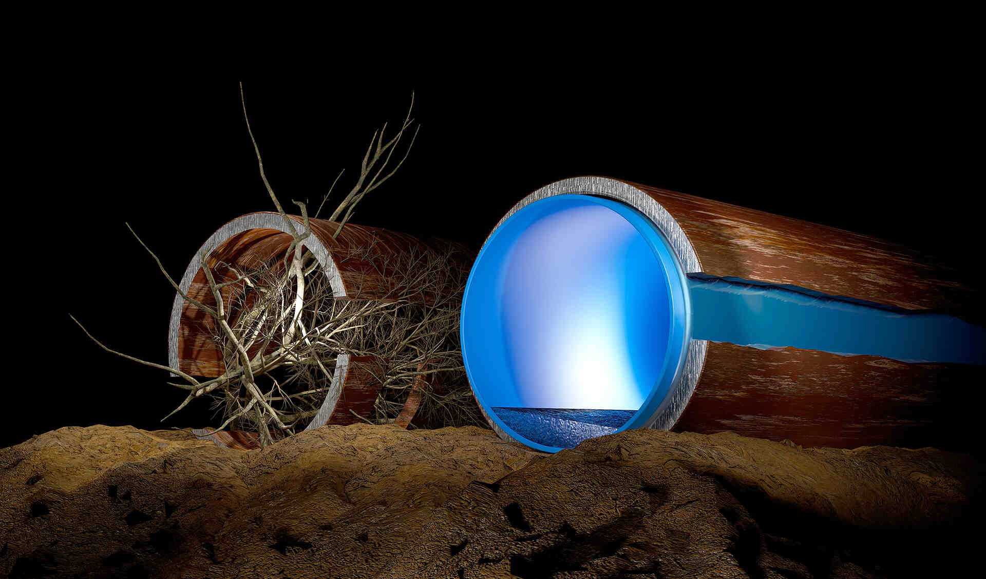 Illustration comparing a cast iron pipe blocked by root intrusion and the same pipe after trenchless lining.