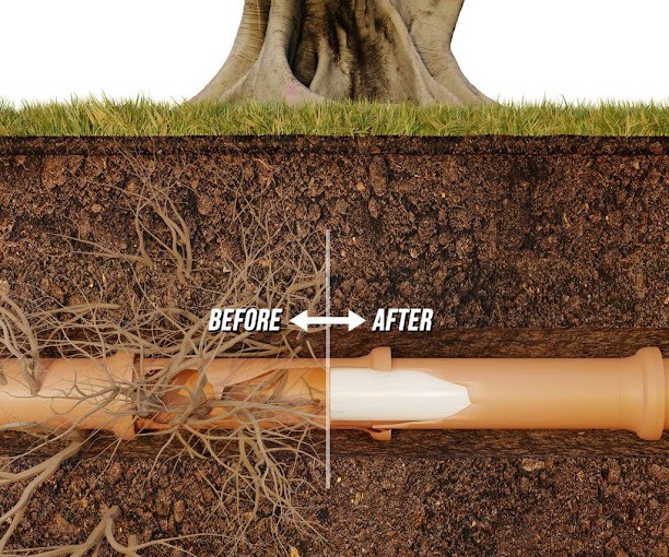 Before and after: tree root intrusion in a cracked sewer pipe, and the same line after trenchless lining.