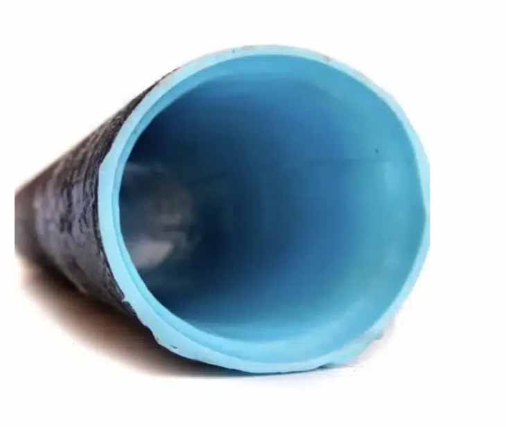 Interior view of a sewer pipe after cured-in-place pipe lining, showing smooth blue epoxy liner that restores structural integrity and flow.